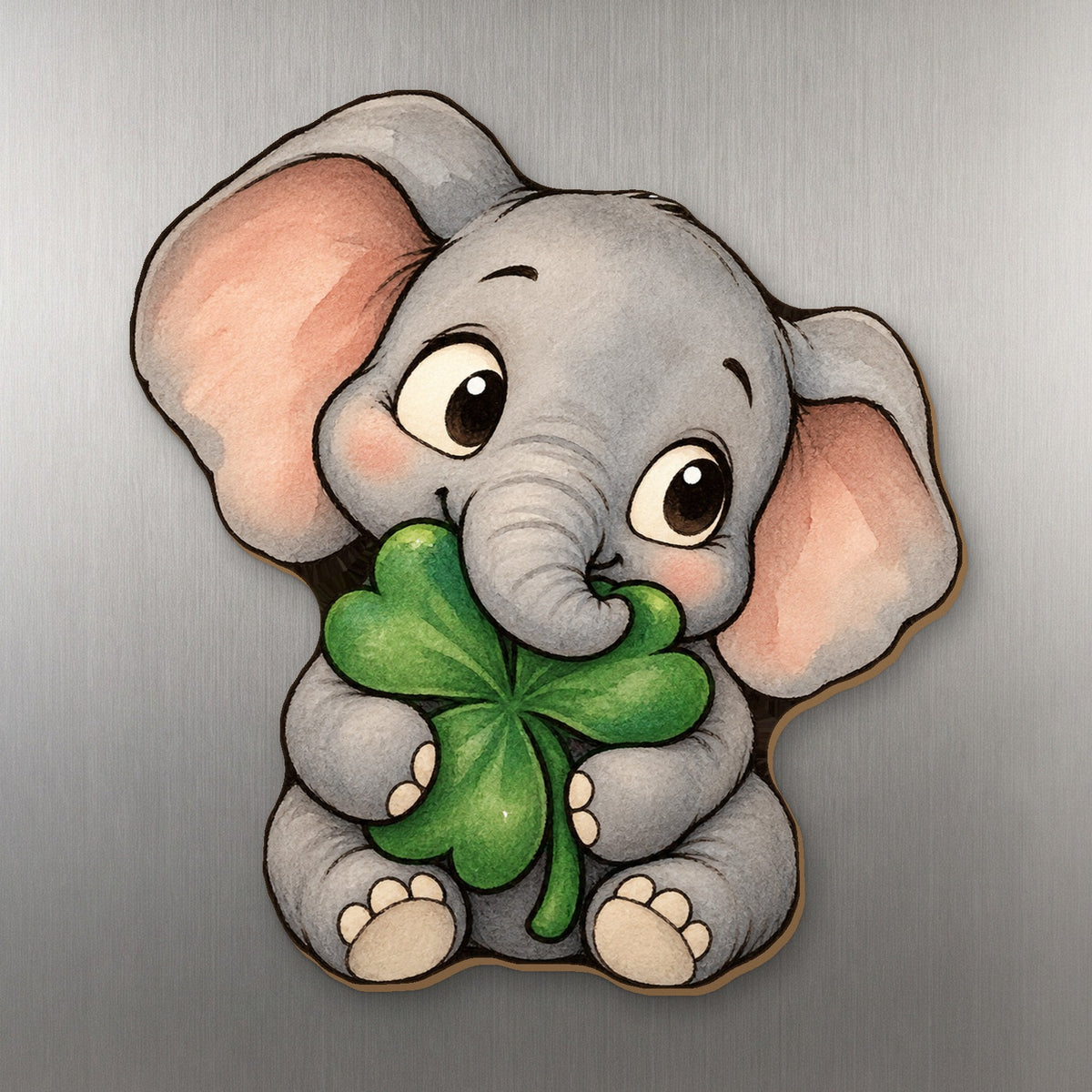 Shamrock Elephant wood magnet M304 on a stainless steel fridge, made in USA