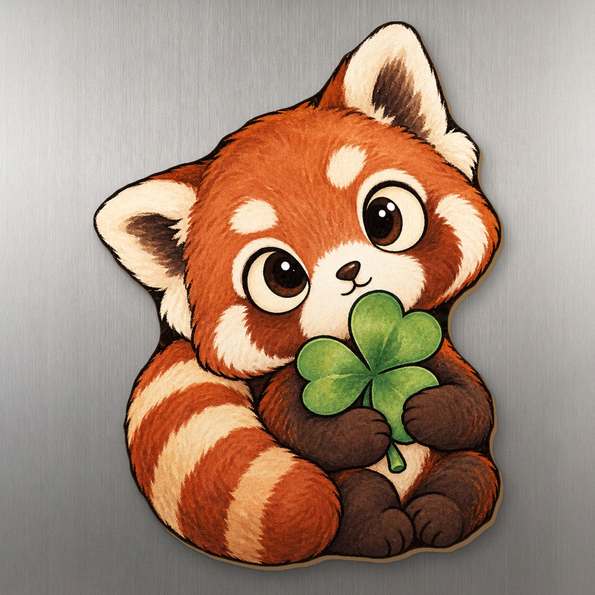 Clover Red Panda wood magnet M305 on a stainless steel fridge, made in USA