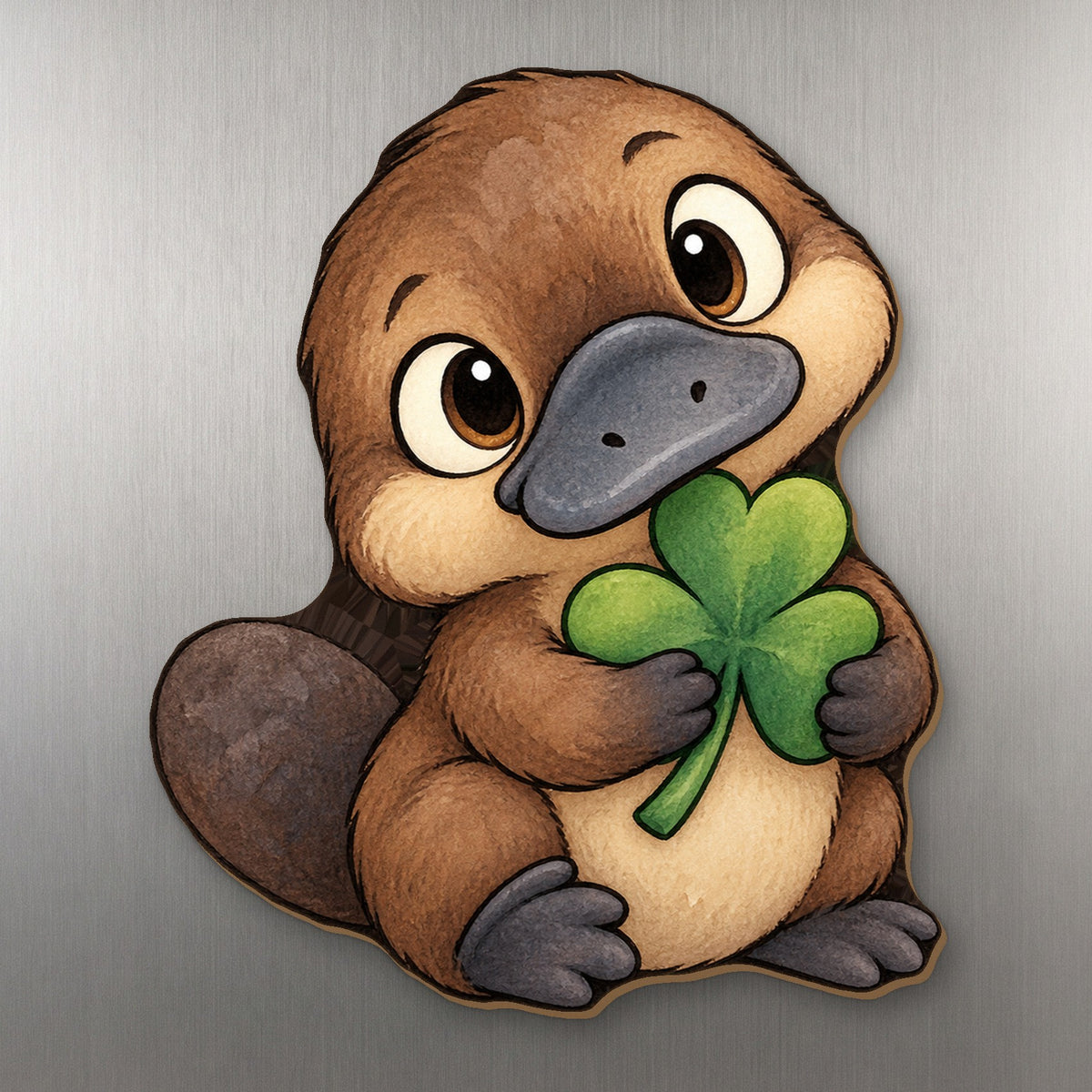 Clover Platypus wood magnet M308 on a stainless steel fridge, made in USA