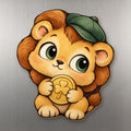 Lucky Lion wood magnet M309 on a stainless steel fridge, made in USA