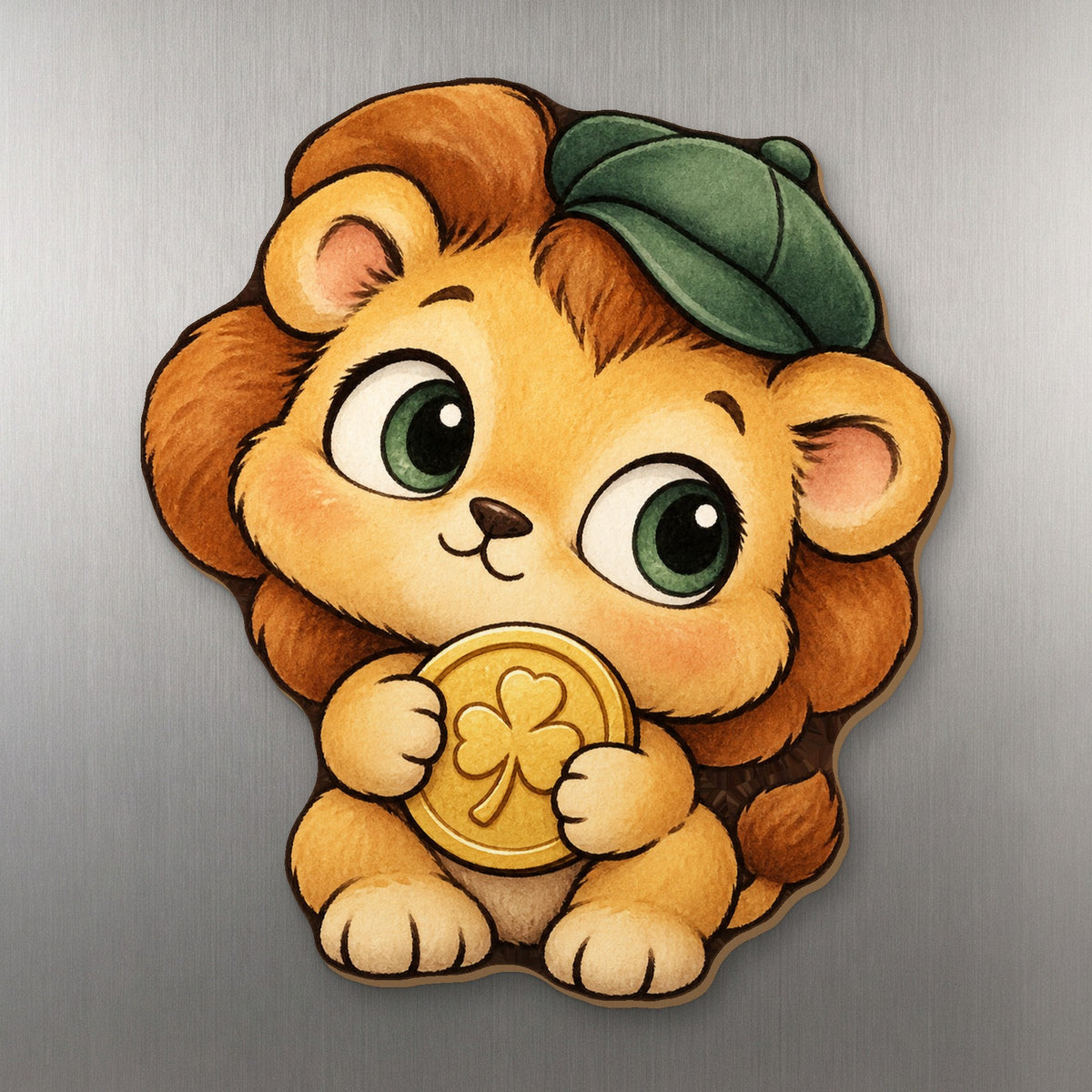 Lucky Lion wood magnet M309 on a stainless steel fridge, made in USA