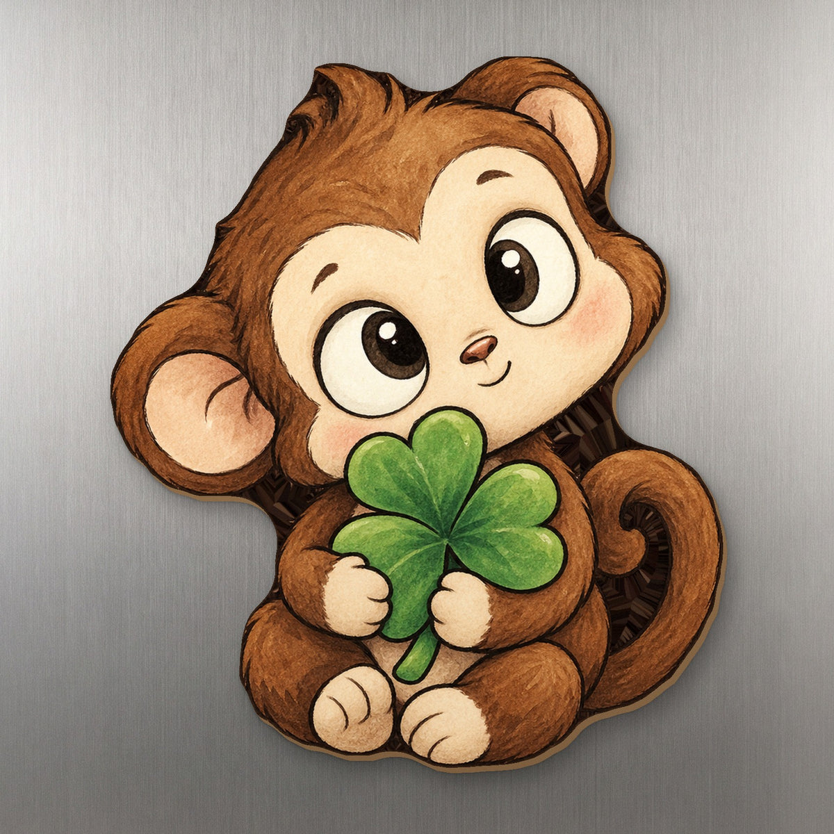 Clover Monkey wood magnet M310 on a stainless steel fridge, made in USA