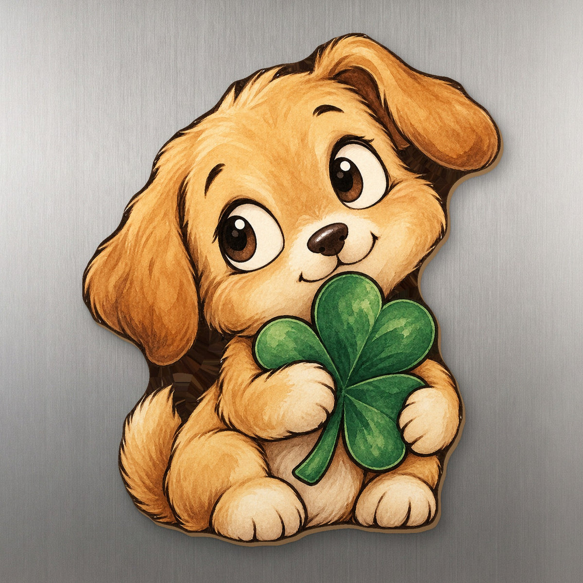 Clover Puppy wood magnet M312 on a stainless steel fridge, made in USA