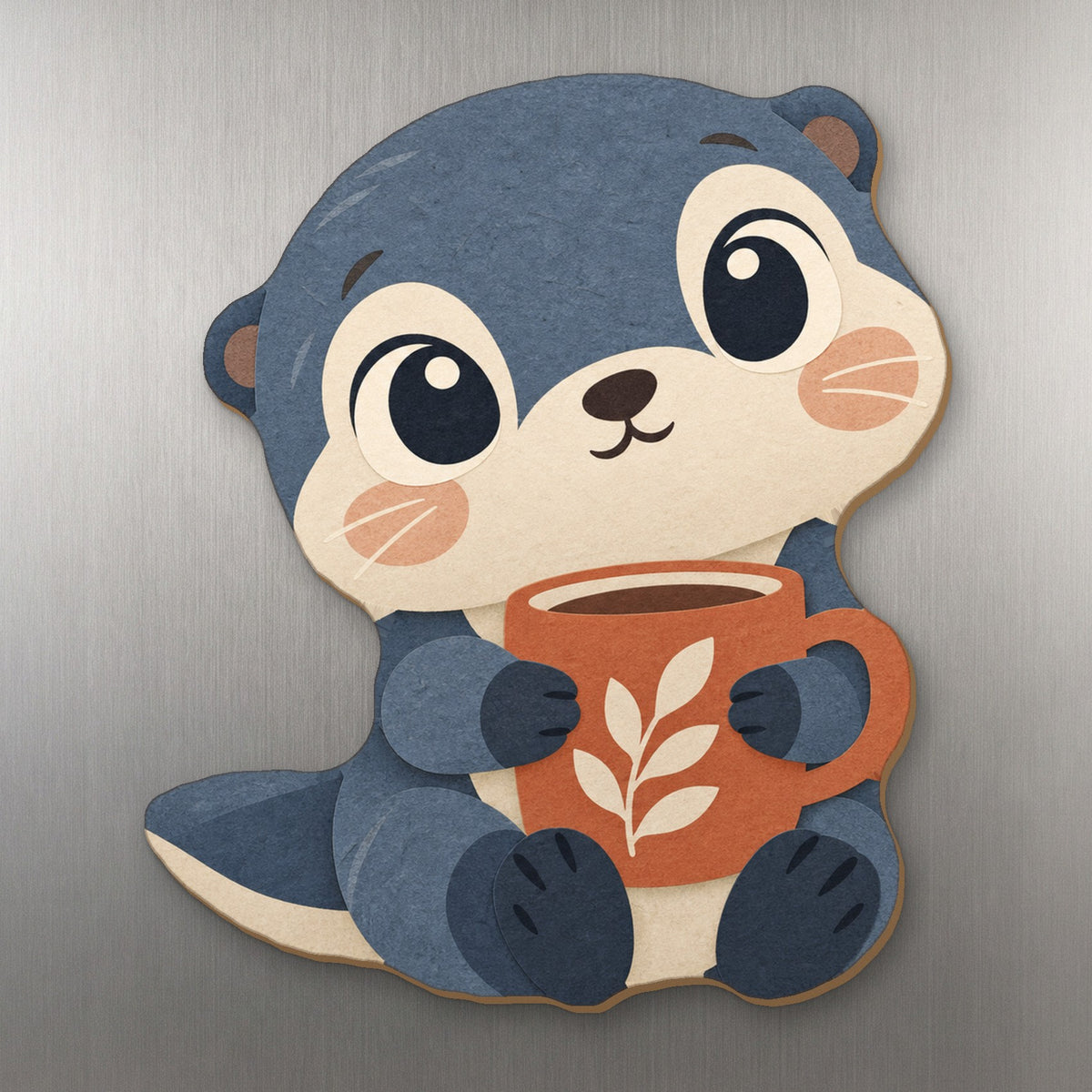 Mug Otter wood magnet M316 on a stainless steel fridge, made in USA