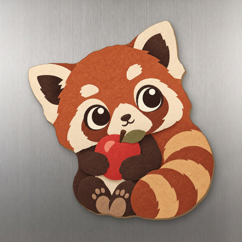 Apple of My Eye Red Panda wood magnet M318 on a stainless steel fridge, made in USA