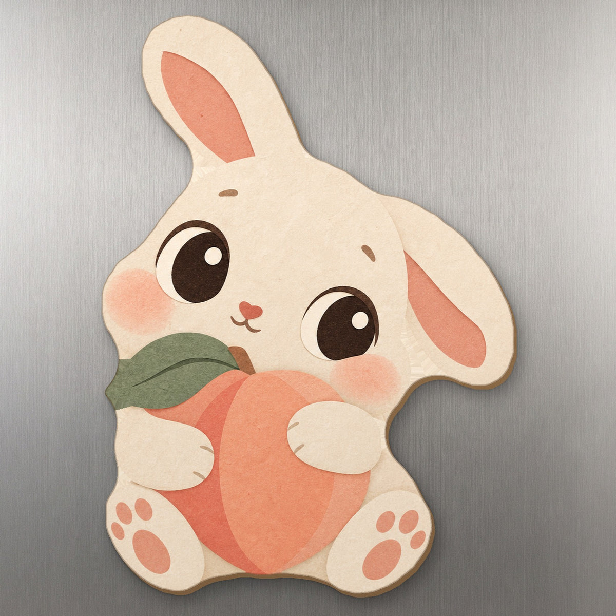 Peach Bunny wood magnet M320 on a stainless steel fridge, made in USA