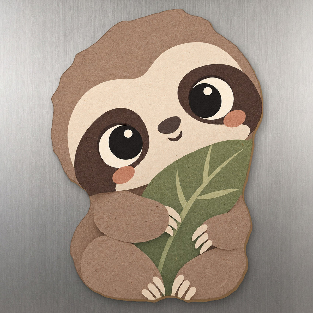 Leaf Sloth wood magnet M324 on a stainless steel fridge, made in USA