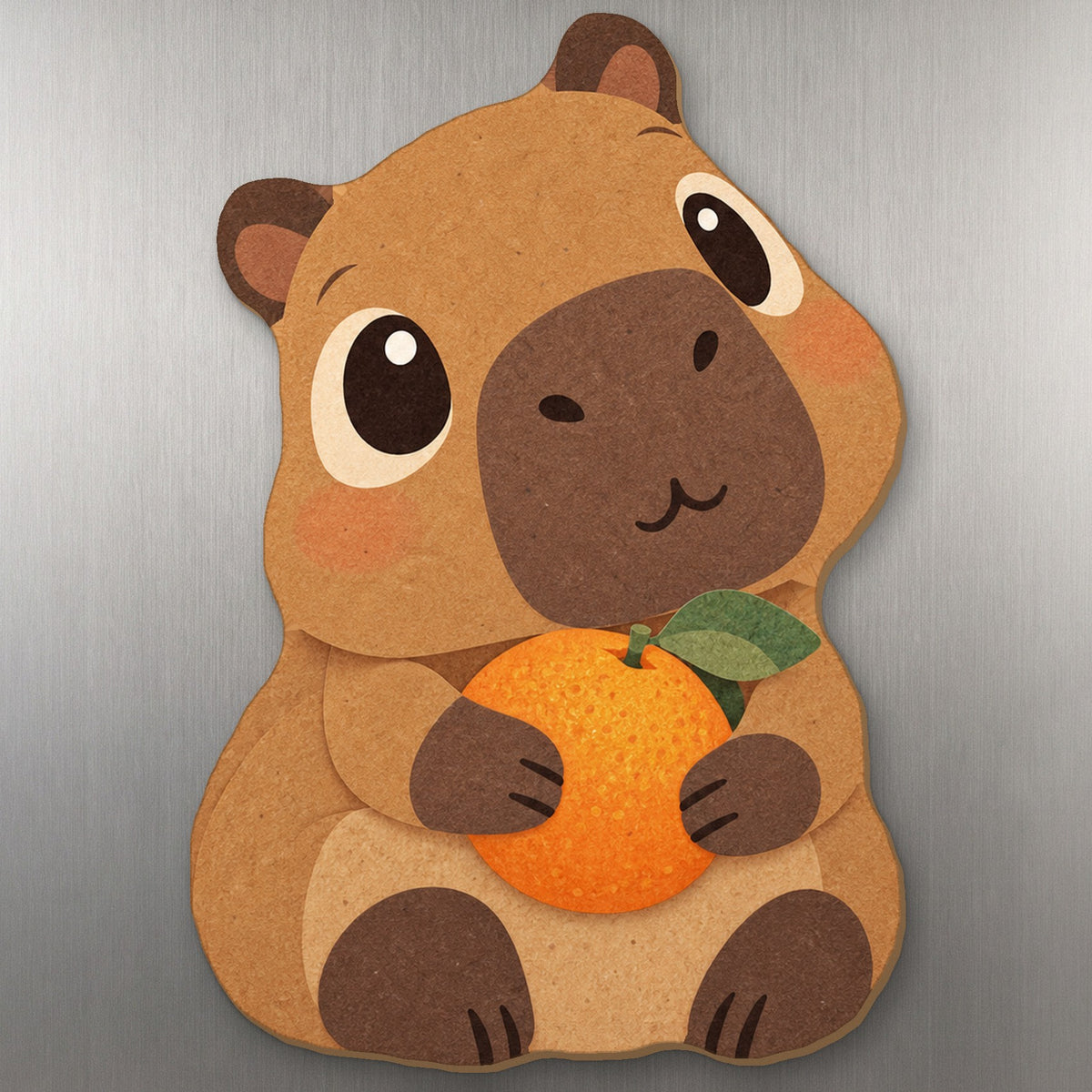 Orange Capybara wood magnet M325 on a stainless steel fridge, made in USA