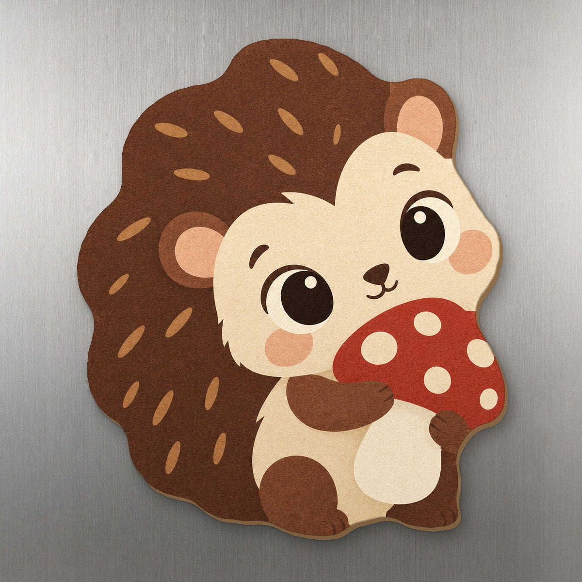Mushroom Hedgehog wood magnet M326 on a stainless steel fridge, made in USA