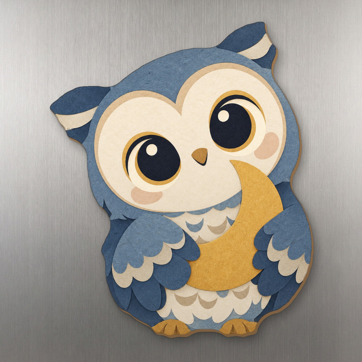 Moon Owl wood magnet M327 on a stainless steel fridge, made in USA