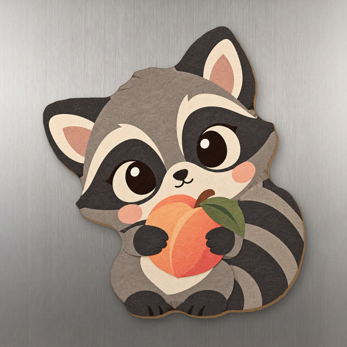 Peach Raccoon wood magnet M328 on a stainless steel fridge, made in USA