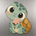 Flower Turtle wood magnet M330 on a stainless steel fridge, made in USA