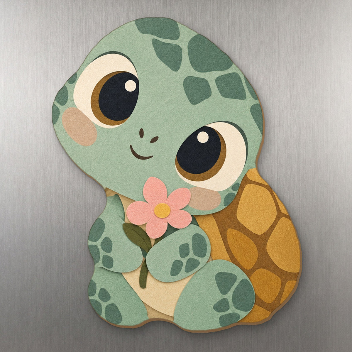 Flower Turtle wood magnet M330 on a stainless steel fridge, made in USA