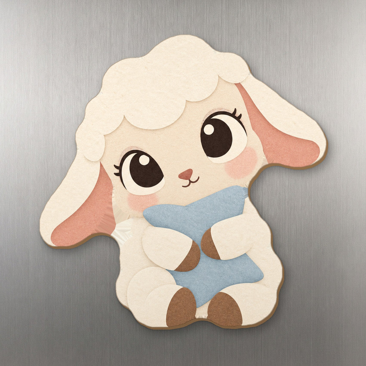 Cloud Lamb wood magnet M331 on a stainless steel fridge, made in USA