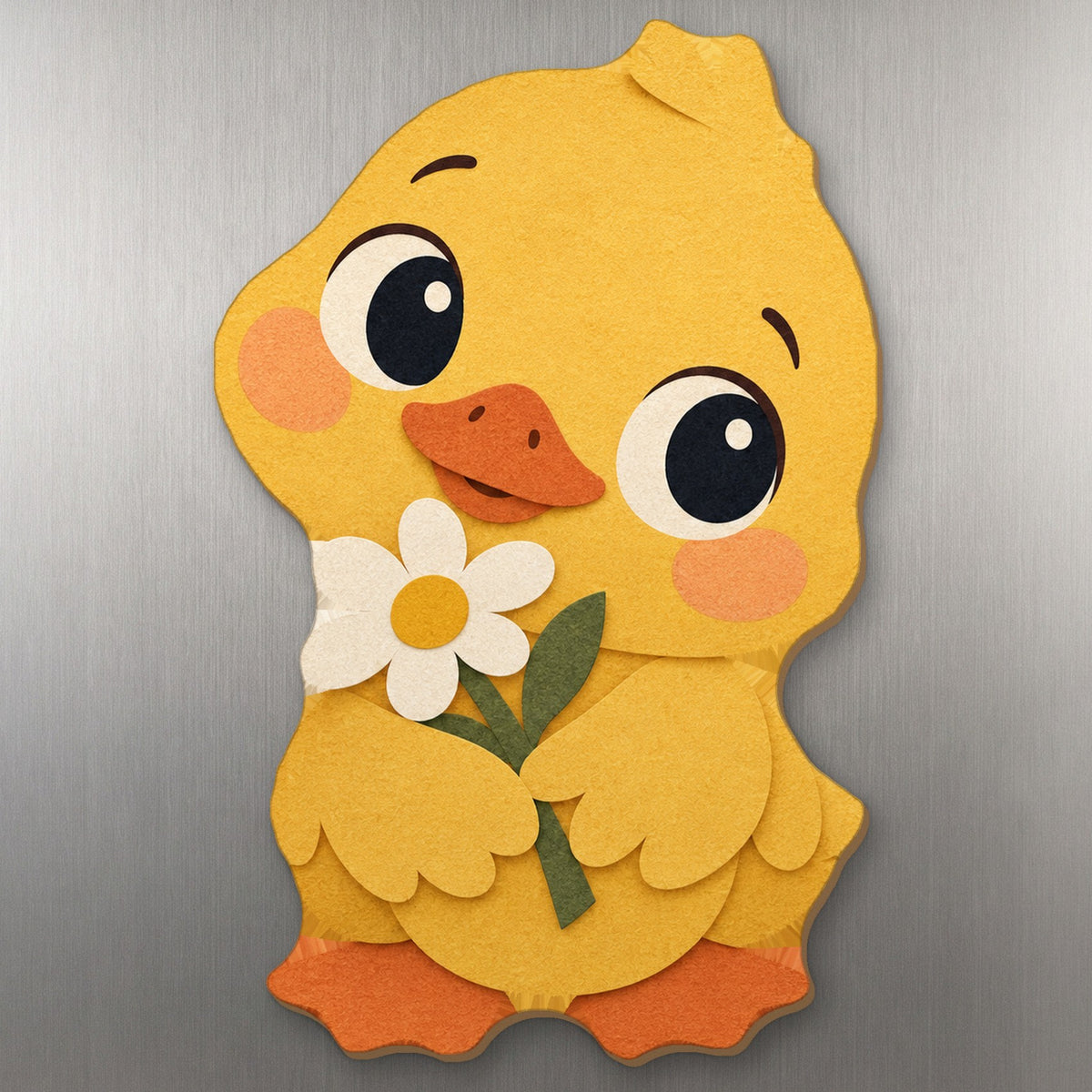 Sunny Duck wood magnet M332 on a stainless steel fridge, made in USA
