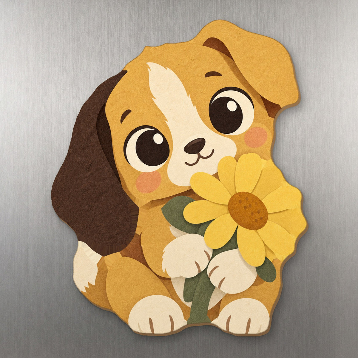 Daisy Puppy wood magnet M333 on a stainless steel fridge, made in USA