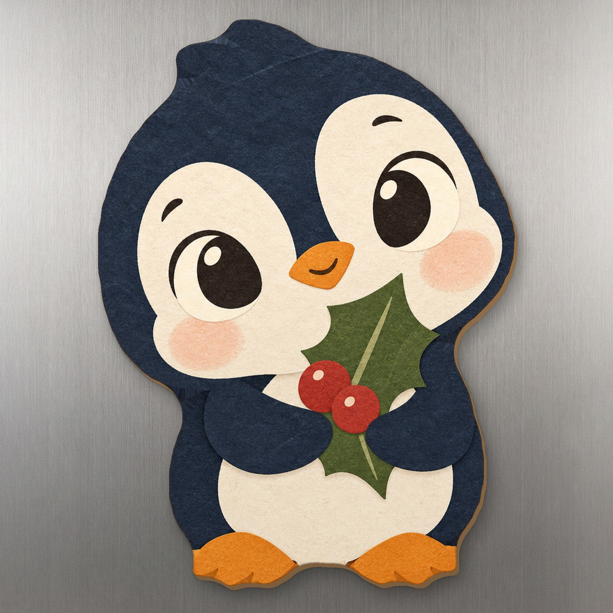 Holly Penguin wood magnet M336 on a stainless steel fridge, made in USA