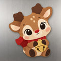 Jolly Reindeer wood magnet M342 on a stainless steel fridge, made in USA
