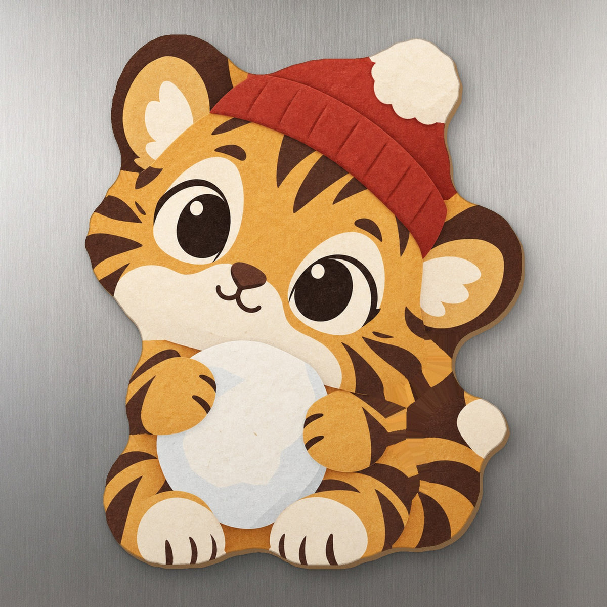 Snow Tiger wood magnet M344 on a stainless steel fridge, made in USA