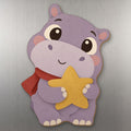 Festive Hippo wood magnet M345 on a stainless steel fridge, made in USA