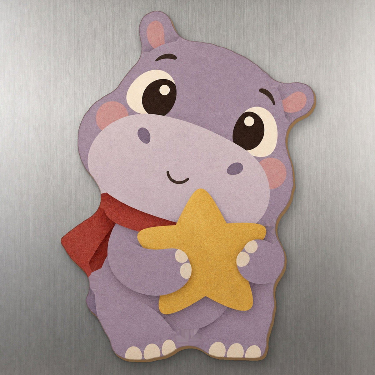 Festive Hippo wood magnet M345 on a stainless steel fridge, made in USA