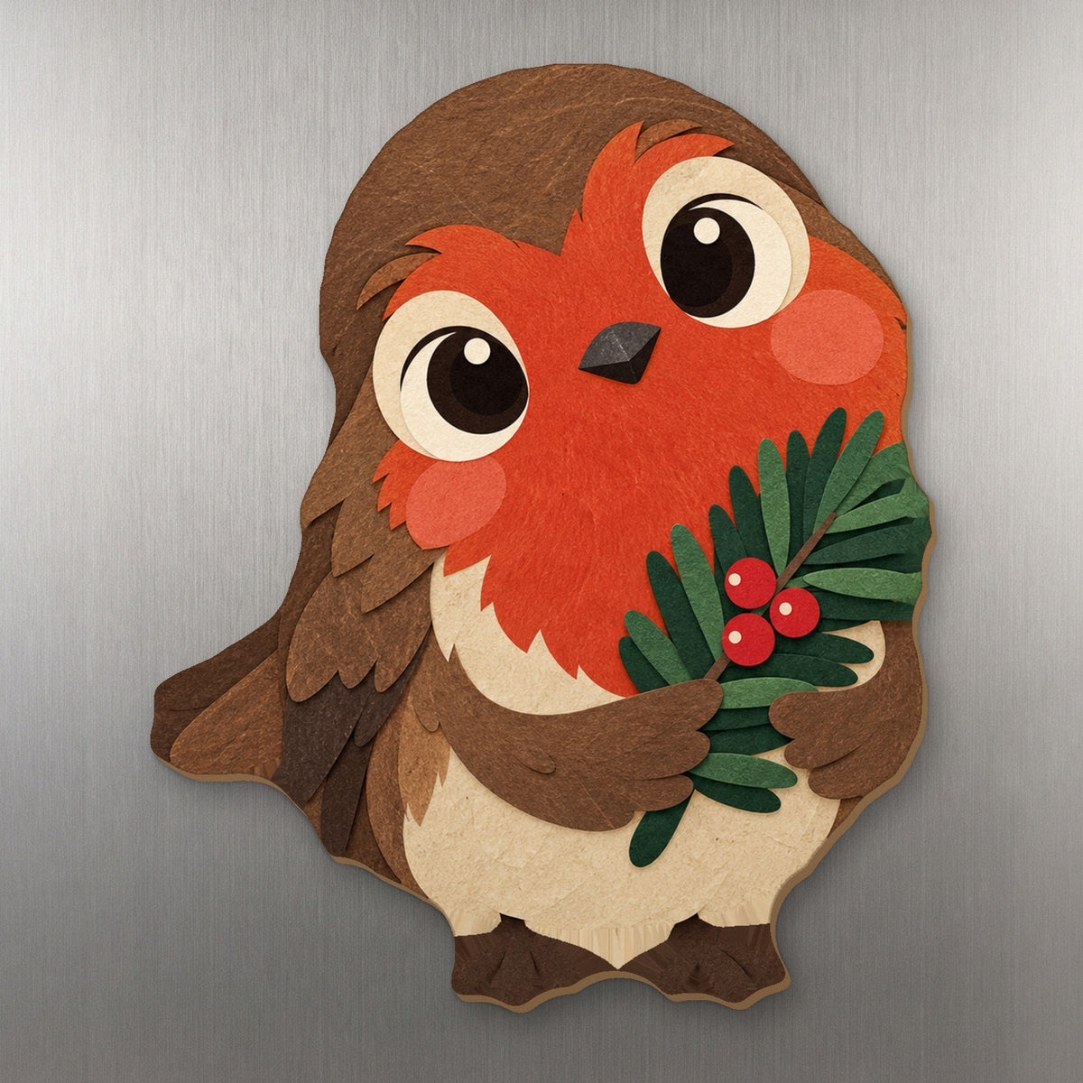 Winter Robin wood magnet M346 on a stainless steel fridge, made in USA