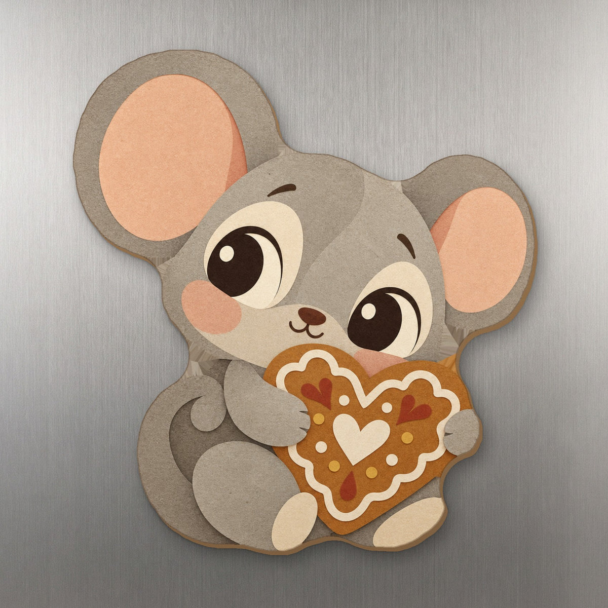 Cookie Mouse wood magnet M347 on a stainless steel fridge, made in USA