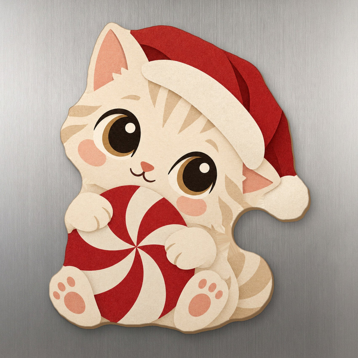 Peppermint Kitten wood magnet M348 on a stainless steel fridge, made in USA