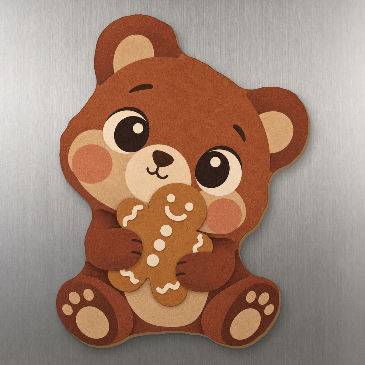 Cookie Bear wood magnet M349 on a stainless steel fridge, made in USA