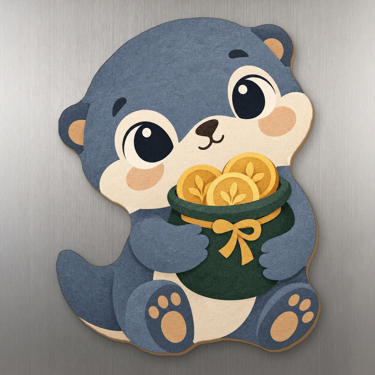 Gold Otter wood magnet M350 on a stainless steel fridge, made in USA