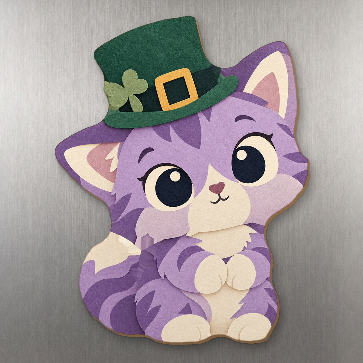 Lucky Kitty wood magnet M352 on a stainless steel fridge, made in USA