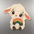 Rainbow Lamb wood magnet M353 on a stainless steel fridge, made in USA