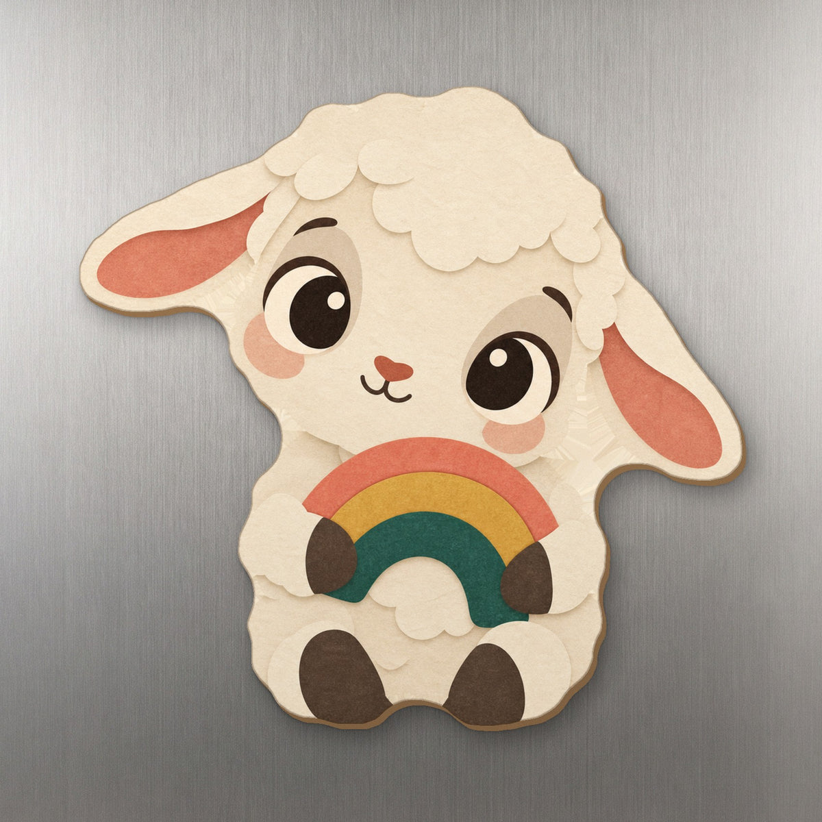 Rainbow Lamb wood magnet M353 on a stainless steel fridge, made in USA