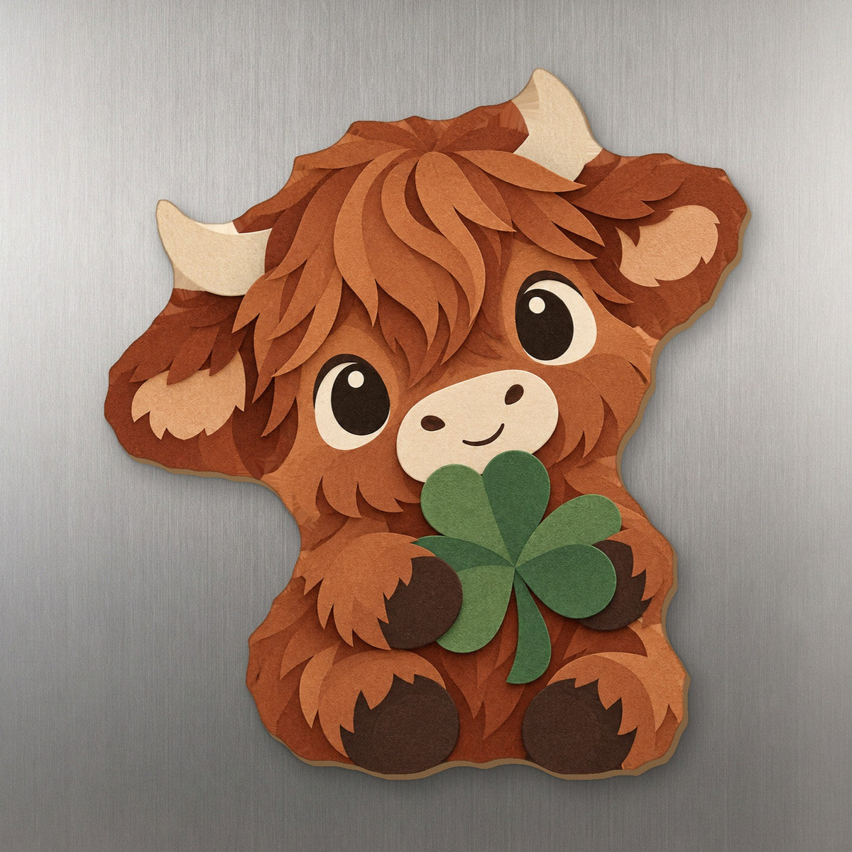 Lucky Highland Cow wood magnet M354 on a stainless steel fridge, made in USA