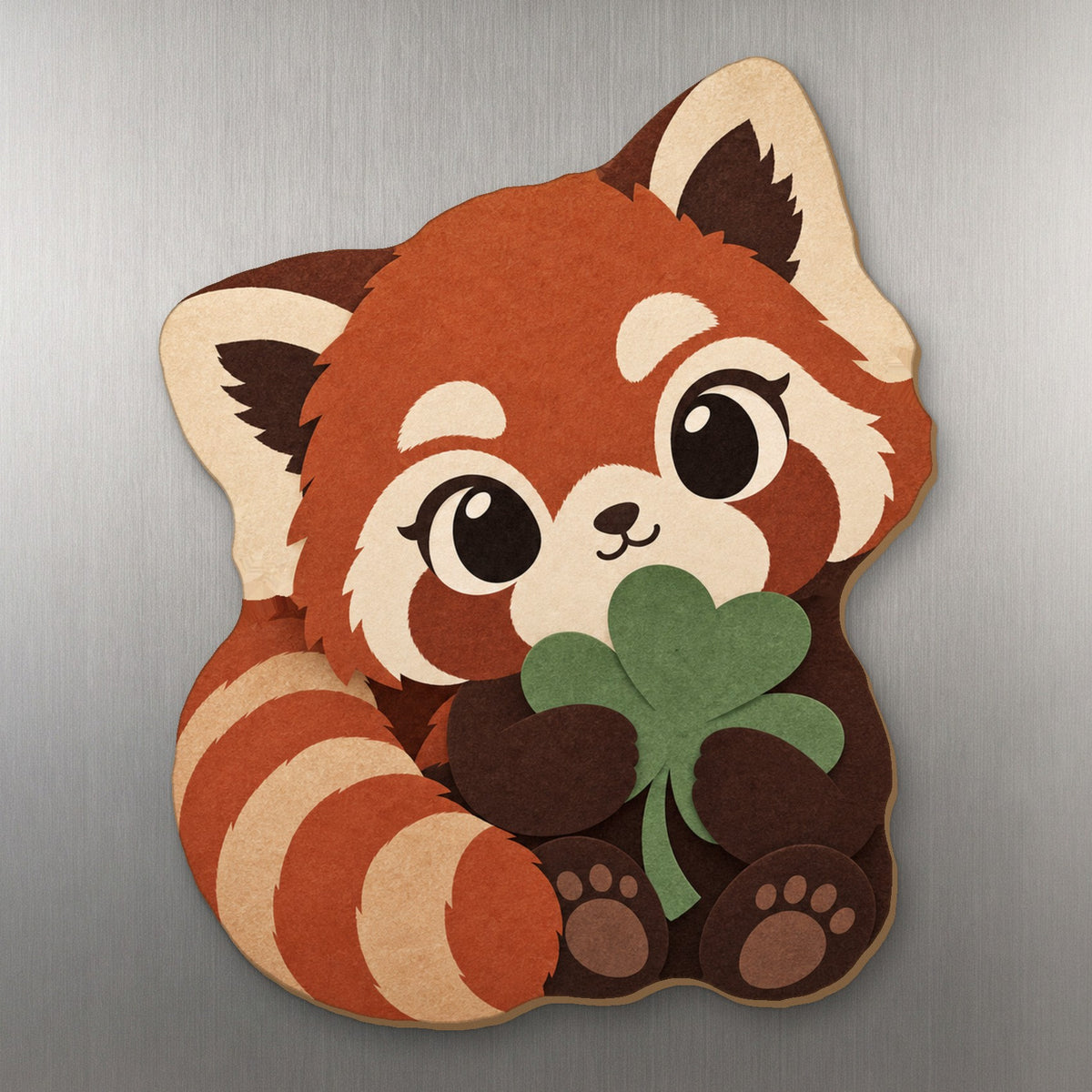 Clover Red Panda wood magnet M356 on a stainless steel fridge, made in USA