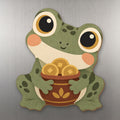 Golden Frog wood magnet M357 on a stainless steel fridge, made in USA