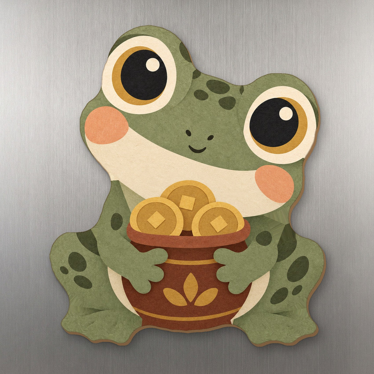 Golden Frog wood magnet M357 on a stainless steel fridge, made in USA