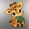 Lucky Giraffe wood magnet M358 on a stainless steel fridge, made in USA