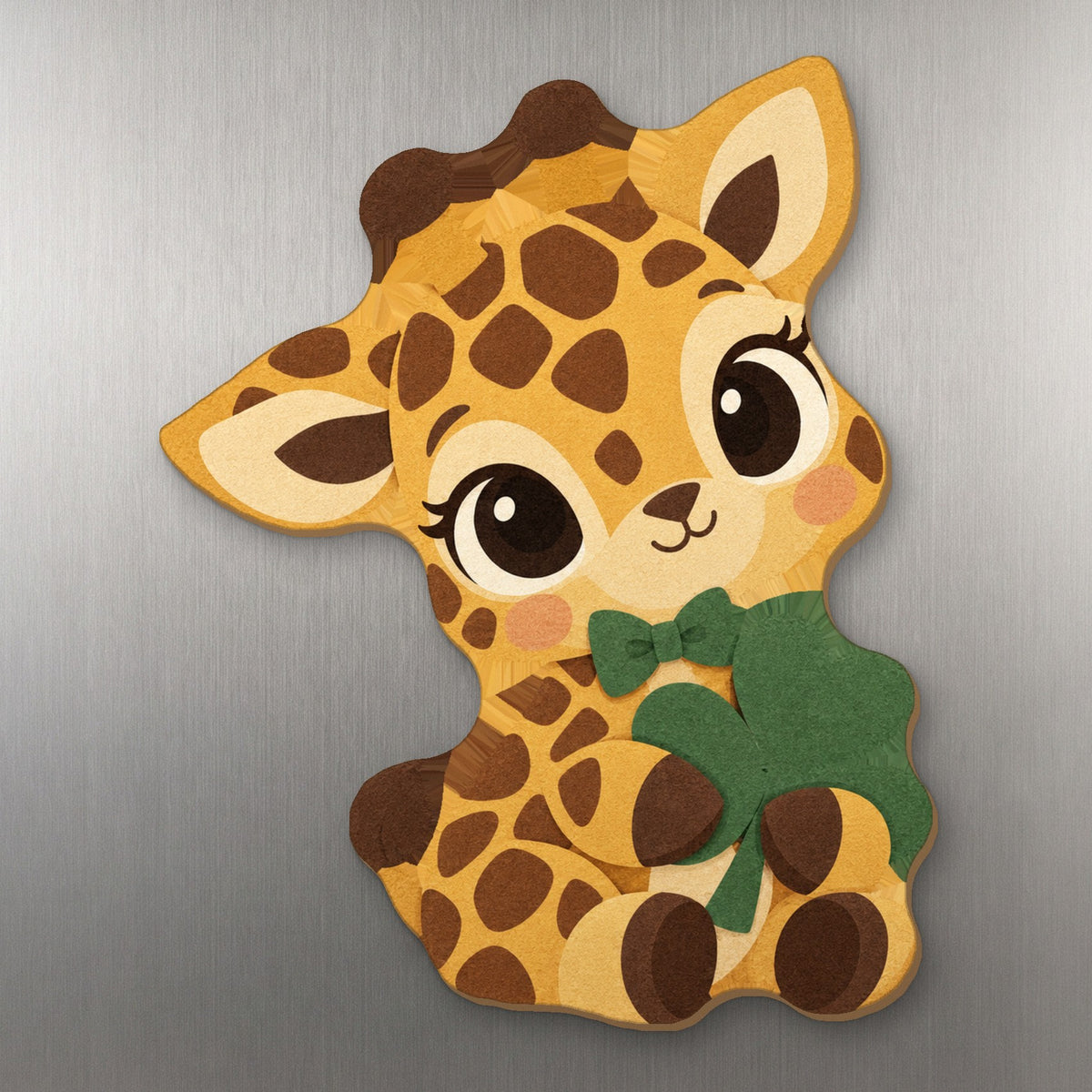 Lucky Giraffe wood magnet M358 on a stainless steel fridge, made in USA