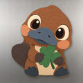 Clover Platypus wood magnet M359 on a stainless steel fridge, made in USA