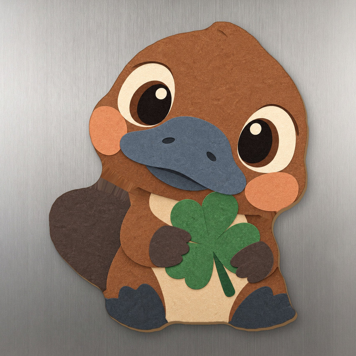 Clover Platypus wood magnet M359 on a stainless steel fridge, made in USA