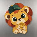 Lucky Lion wood magnet M360 on a stainless steel fridge, made in USA