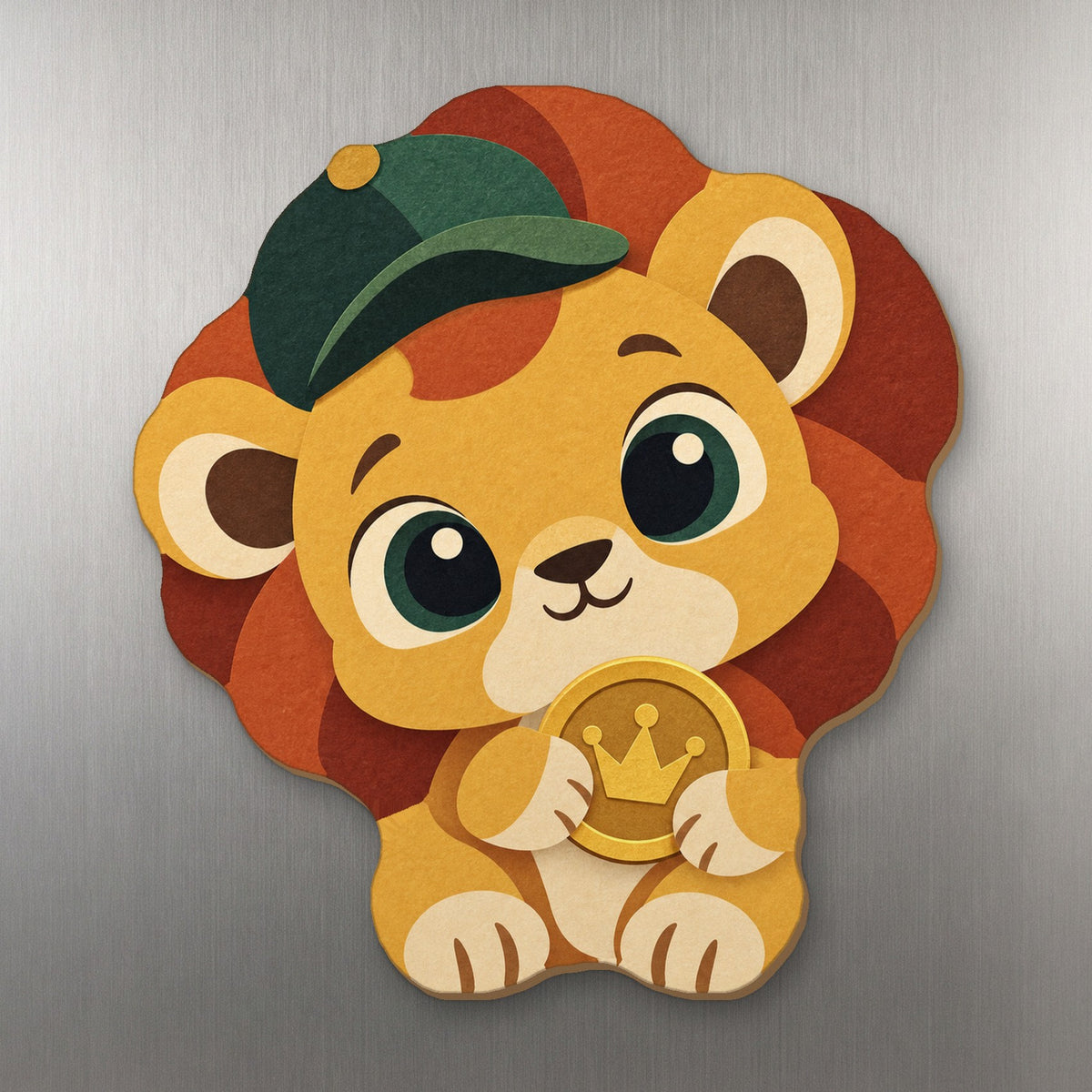 Lucky Lion wood magnet M360 on a stainless steel fridge, made in USA
