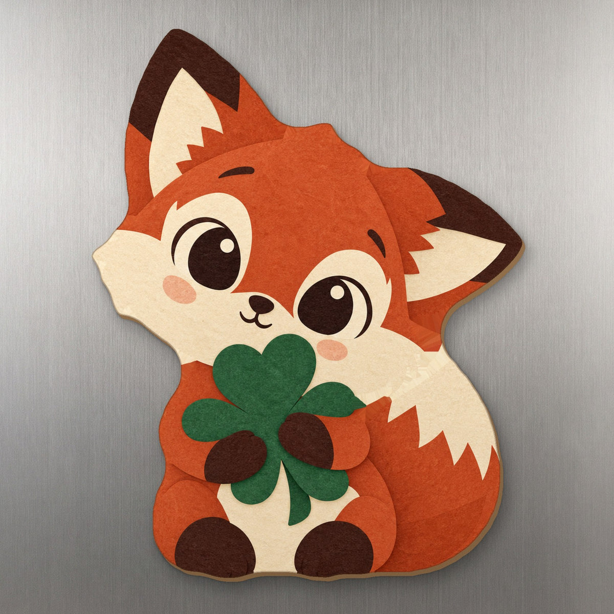 Lucky Fox wood magnet M364 on a stainless steel fridge, made in USA