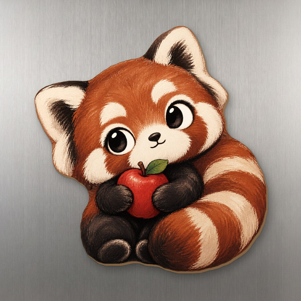 Apple Red Panda wood magnet M366 on a stainless steel fridge, made in USA