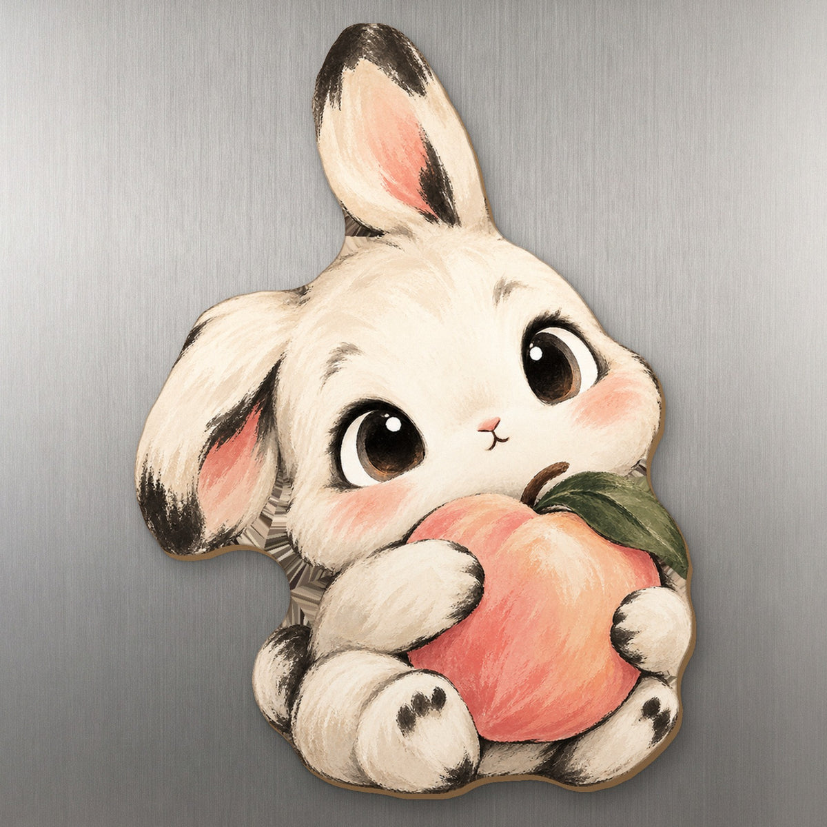 Peach Bunny wood magnet M368 on a stainless steel fridge, made in USA