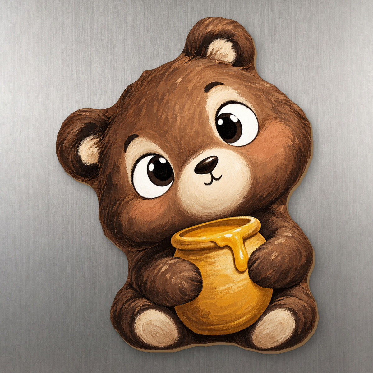 Honey Bear wood magnet M369 on a stainless steel fridge, made in USA