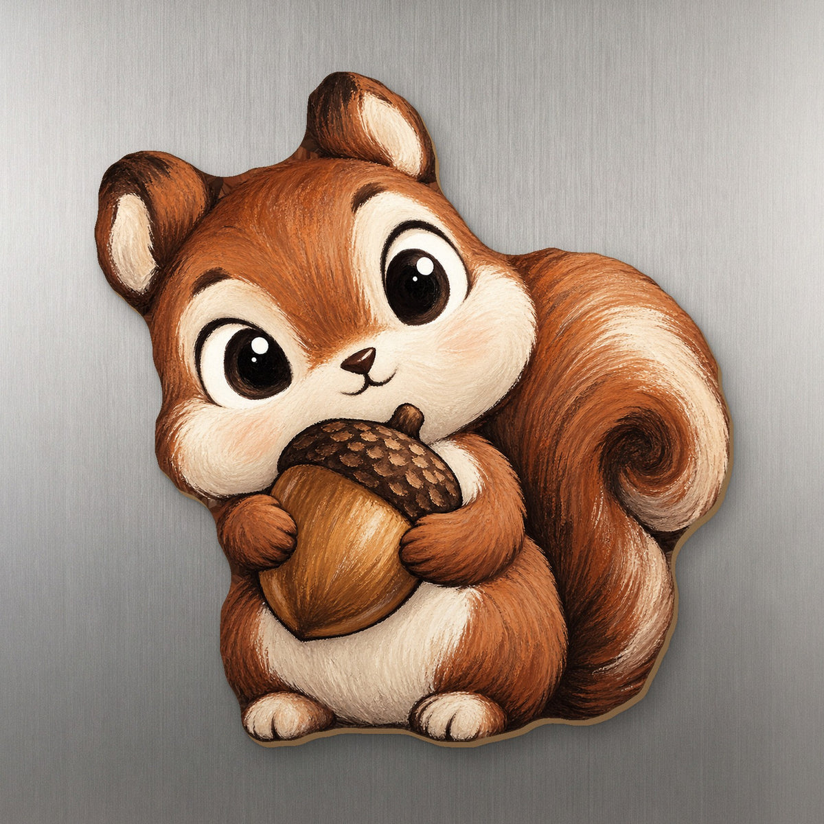 Acorn Squirrel wood magnet M370 on a stainless steel fridge, made in USA