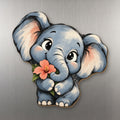 Flower Elephant wood magnet M371 on a stainless steel fridge, made in USA