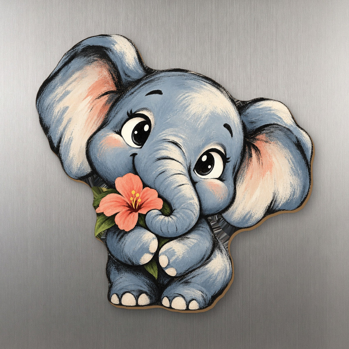 Flower Elephant wood magnet M371 on a stainless steel fridge, made in USA